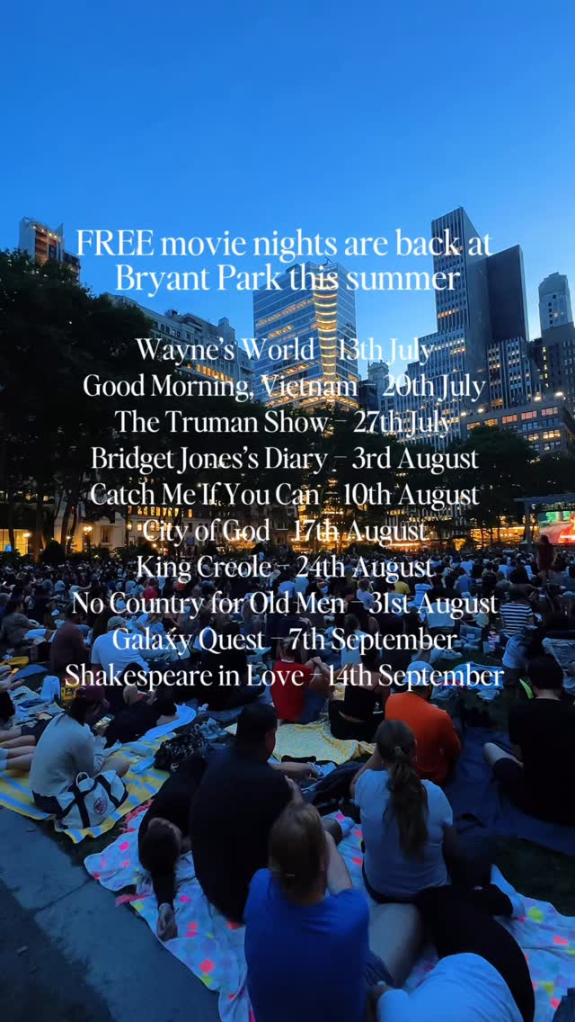 FREE movie nights are back at Bryant Park this summer 🎬🍿

If you’re visiting New York between July and September, this is one of the best free things to do in the city.

Bring a blanket, grab some snacks and spend the evening watching a movie right in the middle of Manhattan. There aren’t many experiences that feel more like a New York summer than this.

📍 Bryant Park
📅 13th July – 14th September
⏰ Lawn opens at 5pm, films start at 8pm
🎥 Swipe to see the 2026 film lineup 

I’d definitely recommend arriving early if you want a good spot on the lawn because it gets busy quickly, especially during the peak summer months.

I’ve also done a full blog post on all the FREE outdoor cinemas in New York, just comment LINK below and I’ll send it straight to you 💌

#bryantpark #bryantparknyc #bryantparkcinema #freethingstodoinnyc #thingstodoinnewyork nycsummer